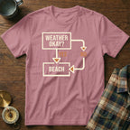 Pink t-shirt with a flowchart graphic asking "Weather Okay?" with "Yes" and "No" options leading to "Beach."