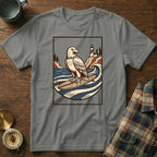 Eagle surfing on a wave with a lighthouse on a rocky coast.