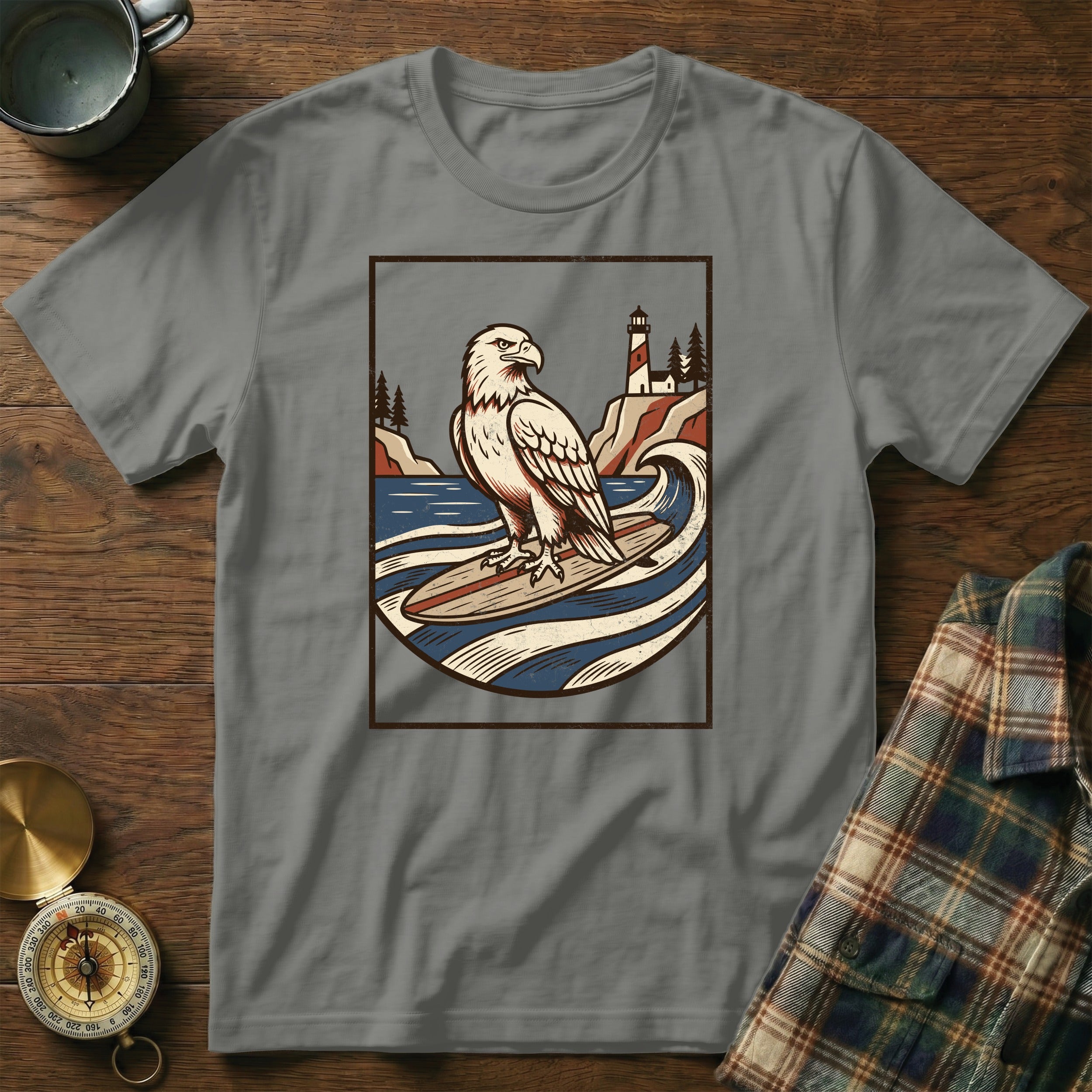 Eagle surfing on a wave with a lighthouse on a rocky coast.