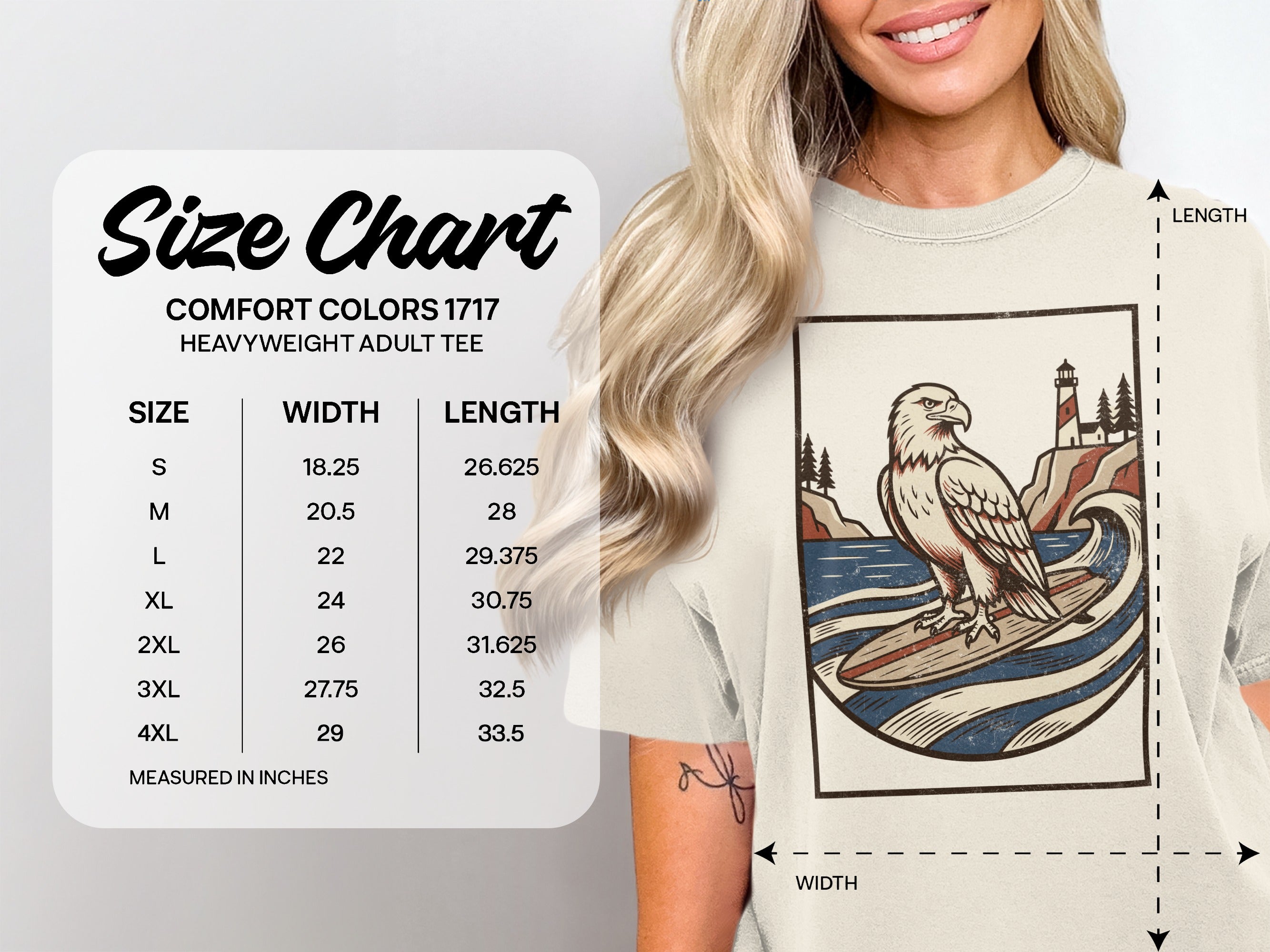 Size chart for Comfort Colors 1717 heavyweight adult tee with eagle graphic.