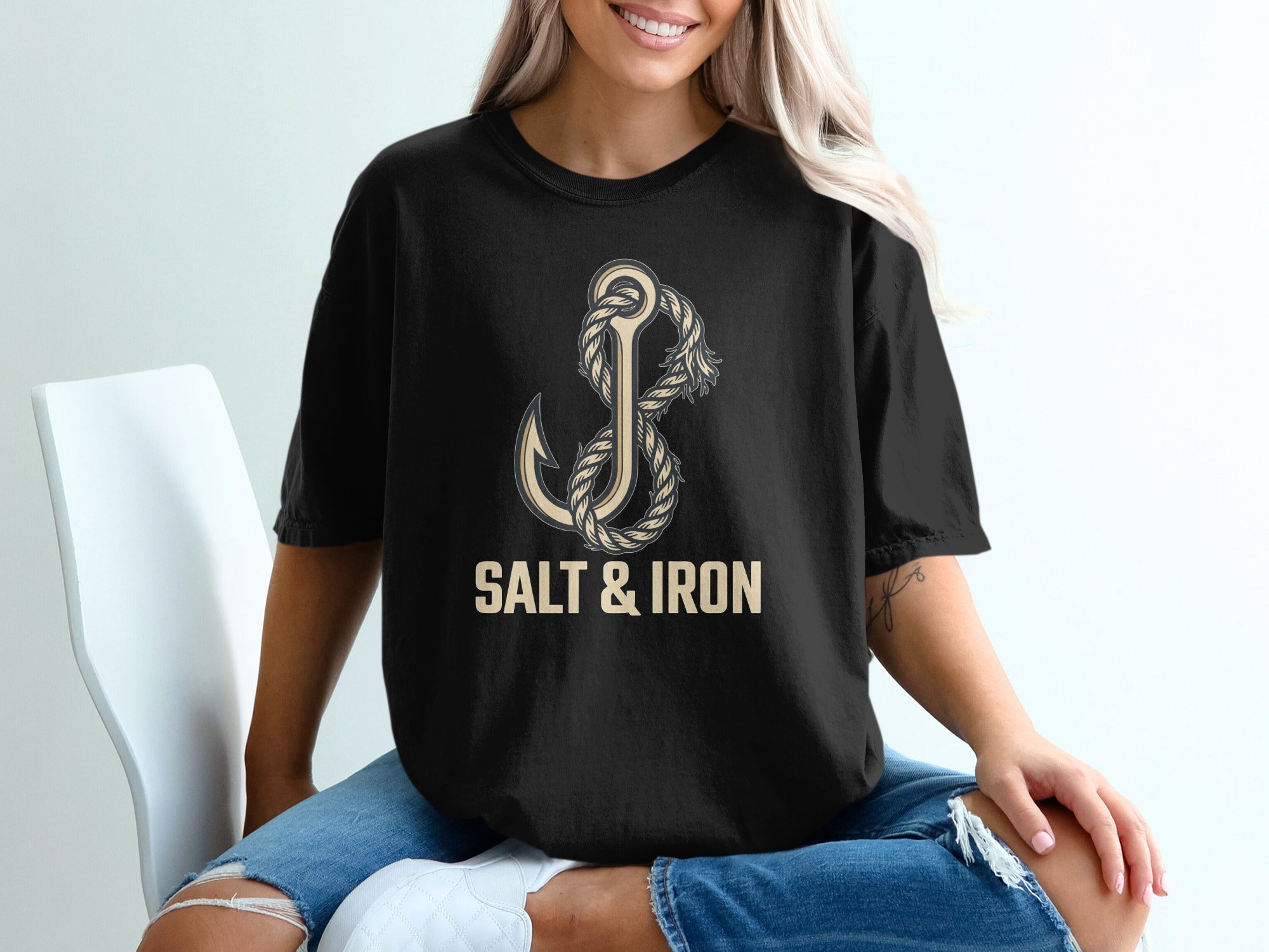 Black t-shirt with anchor and rope graphic and "SALT & IRON" text.