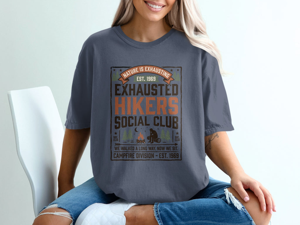 Exhausted Hikers Social Club t-shirt with campfire graphic and text.