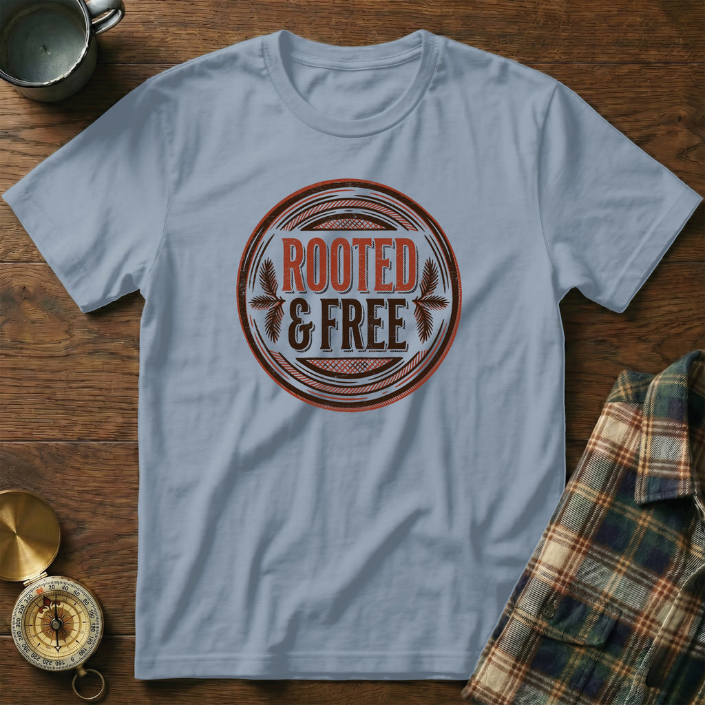 Light blue t-shirt with "ROOTED & FREE" text in a circular graphic.