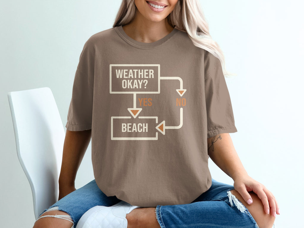 Brown t-shirt with "Weather Okay? Yes Beach" flowchart graphic.
