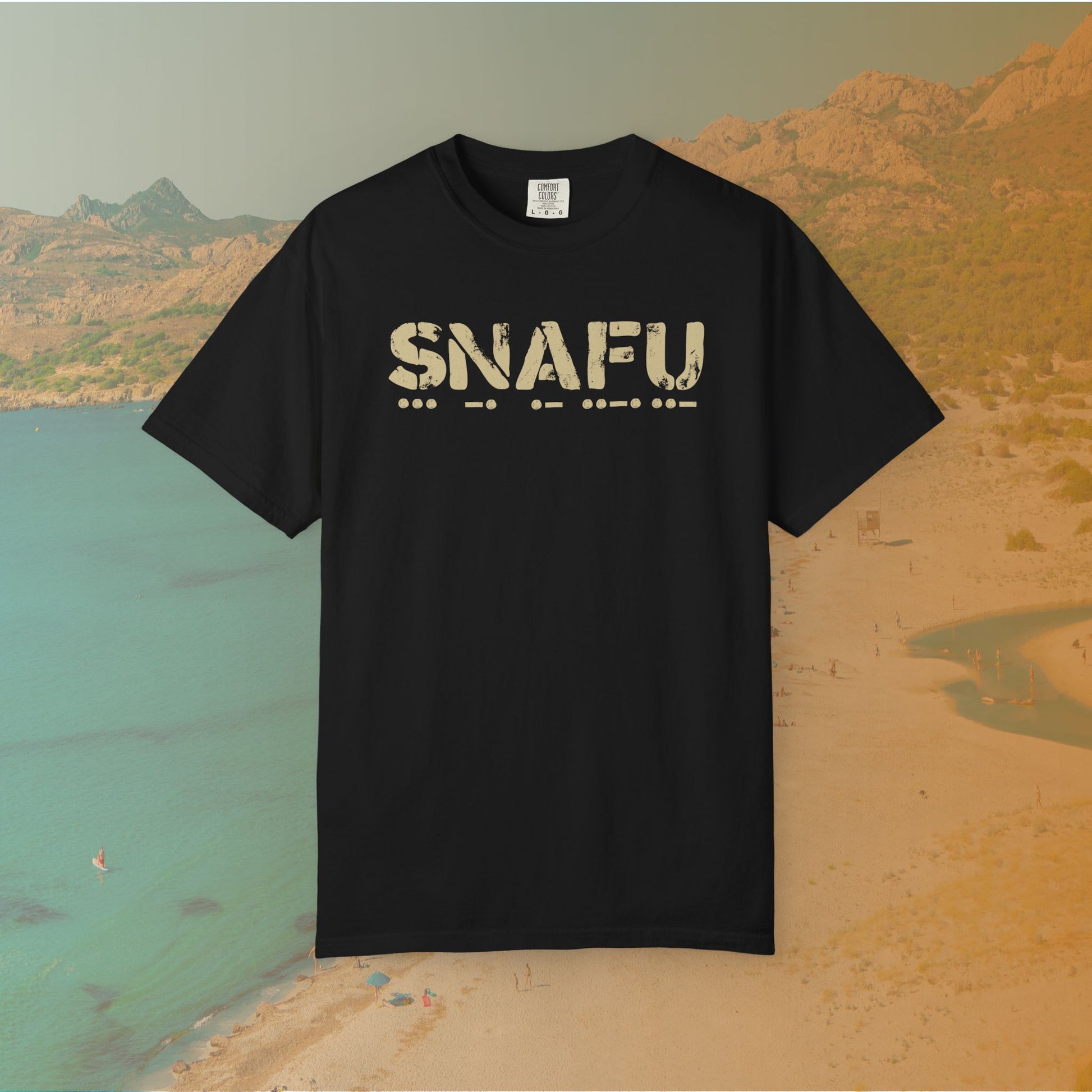 black Graphic T-shirt featuring the large, distressed stencil text "SNAFU" with the Morse code translation of the word printed directly beneath it.