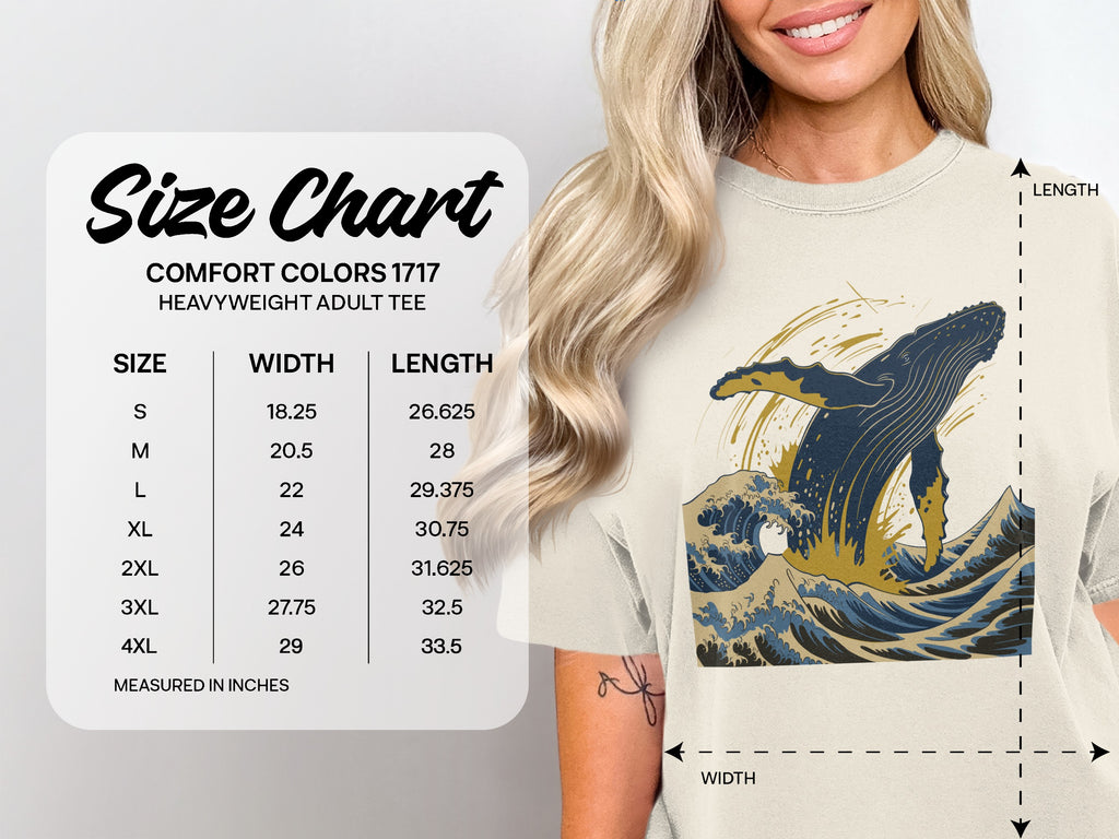 Comfort Colors 1717 heavyweight adult tee size chart with whale graphic.