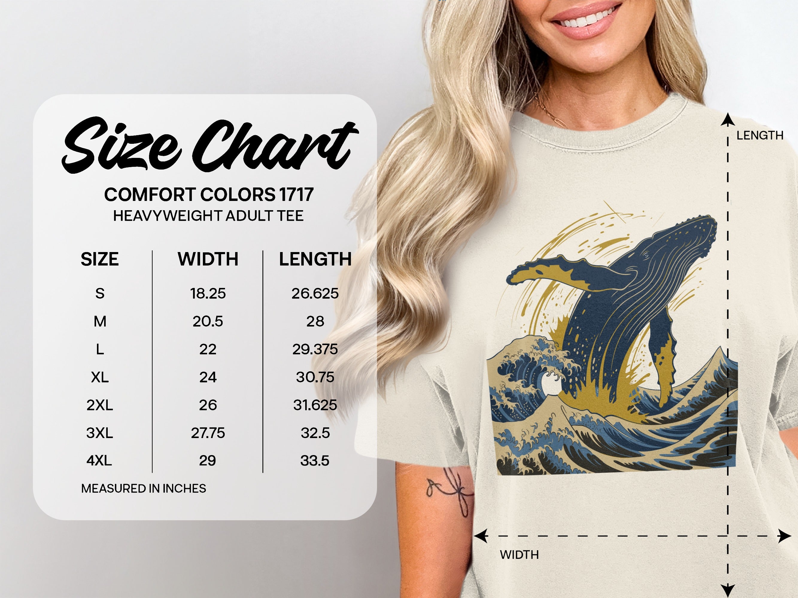 Comfort Colors 1717 heavyweight adult tee size chart with whale graphic.