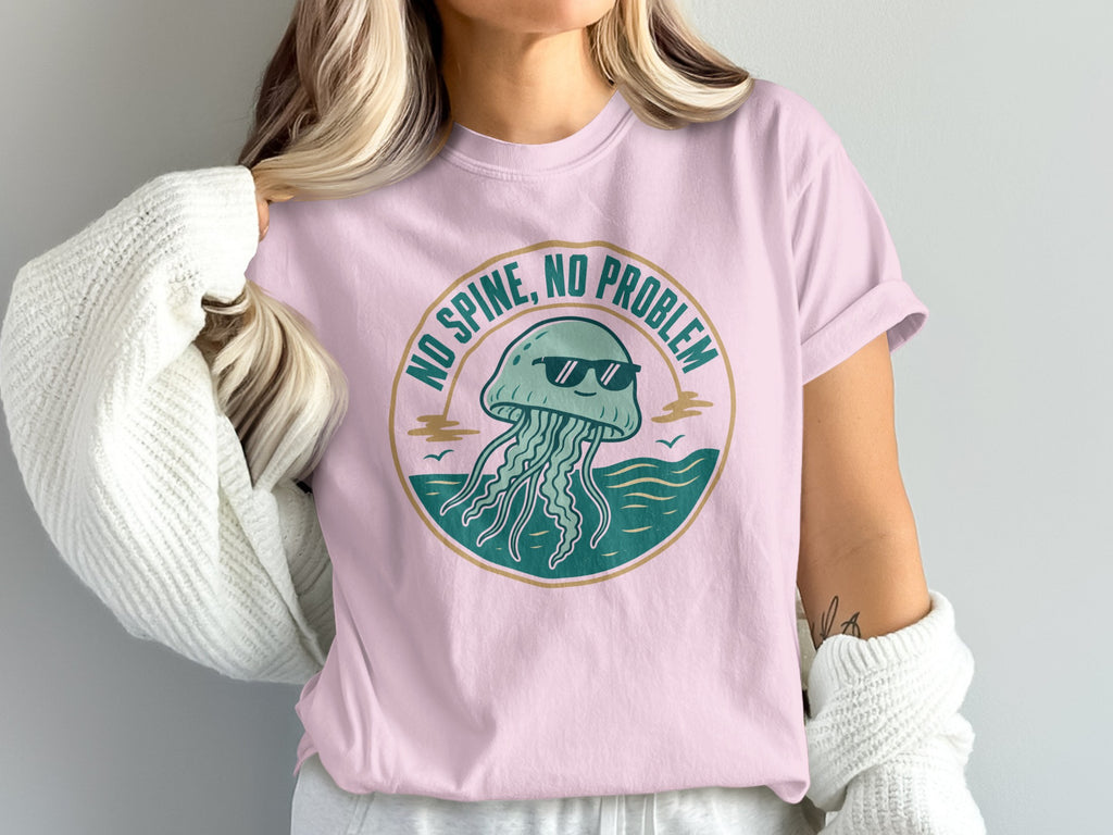 Pink t-shirt with graphic of cool jellyfish and text "NO SPINE, NO PROBLEM".