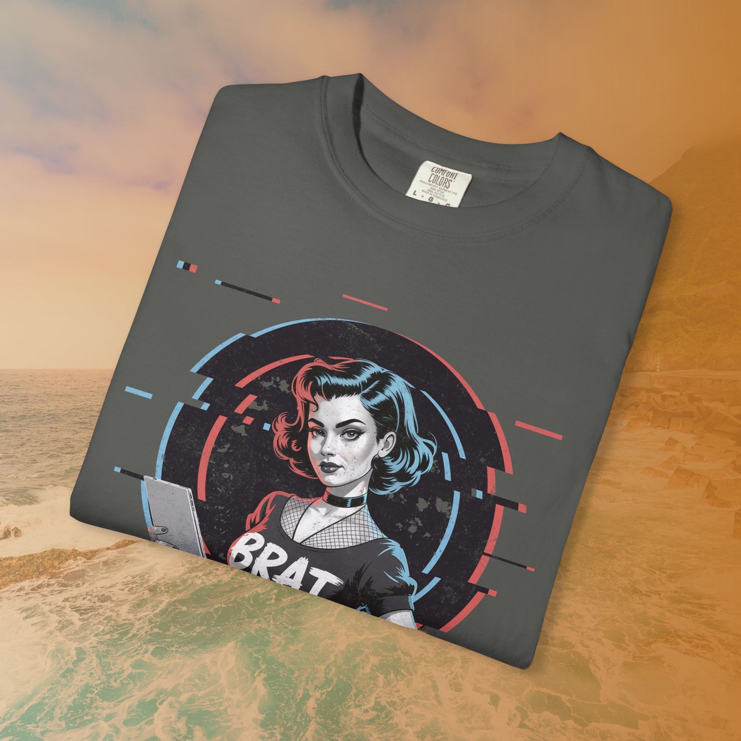 Cyberpunk BRAT Glitch Art Pinup Girl T-Shirt | Retro Pin Up Sassy Slogan Dark Goth