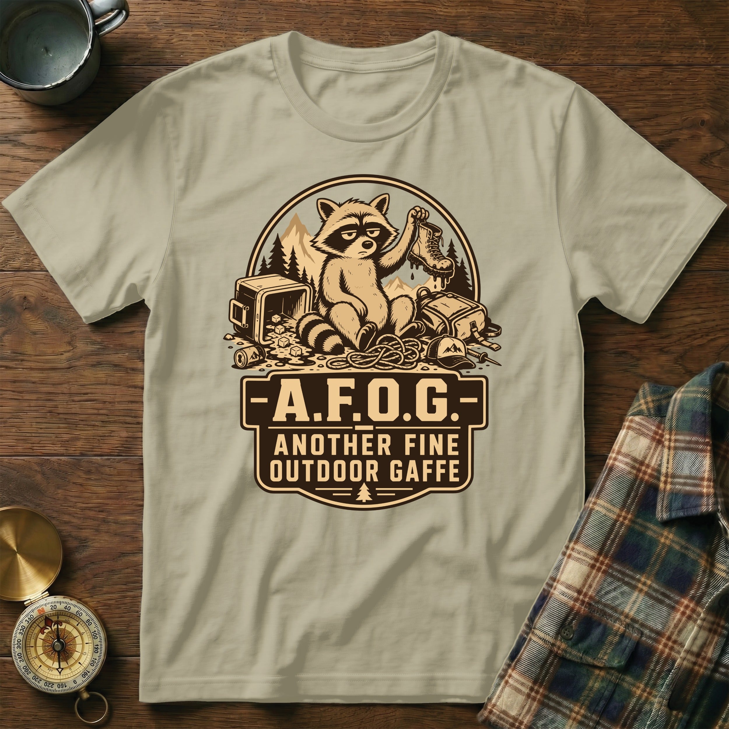 T-shirt with a raccoon graphic reading "A.F.O.G. Another Fine Outdoor Gaffe".