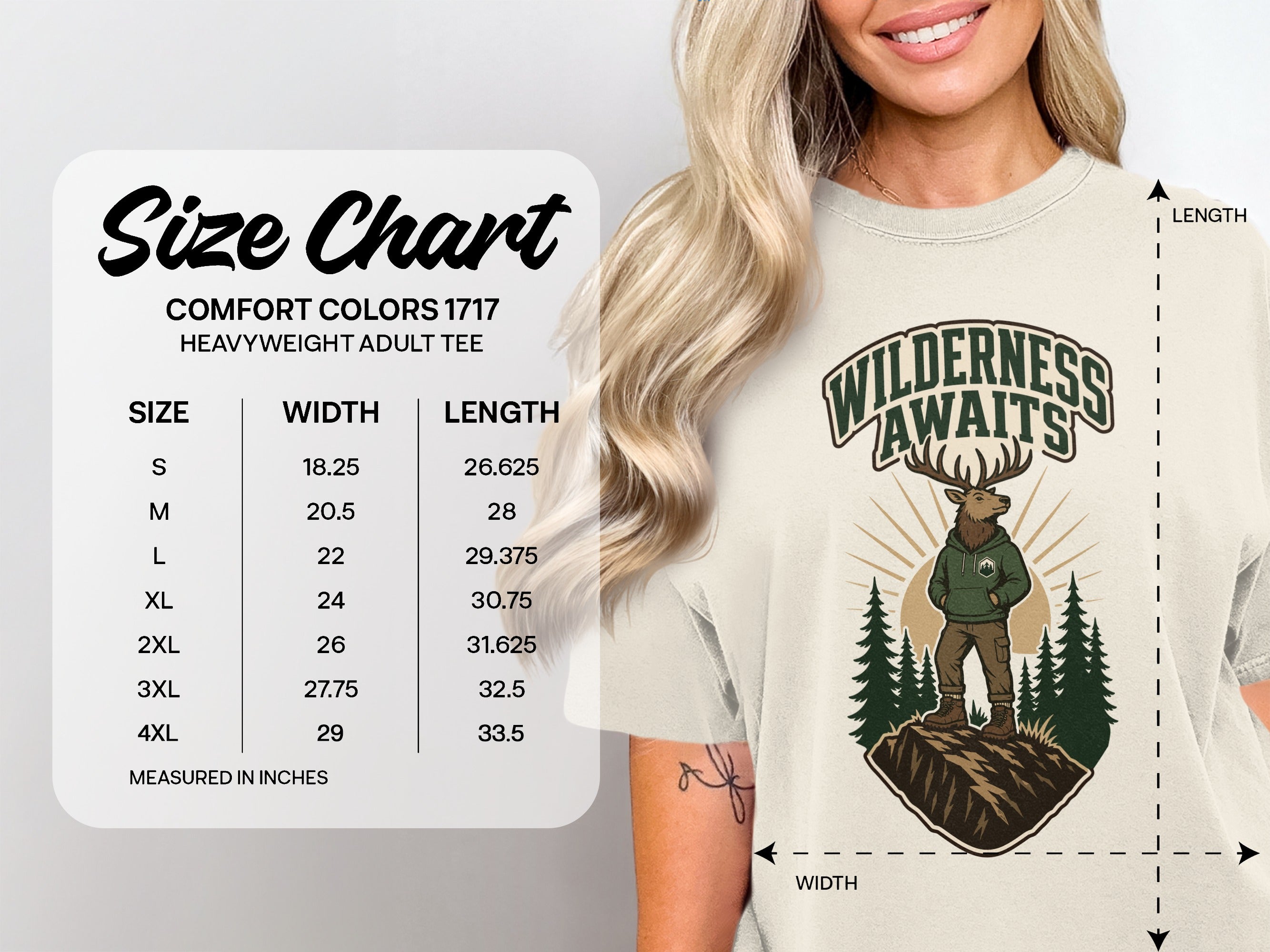 Comfort Colors 1717 heavyweight adult tee size chart with width and length measurements.