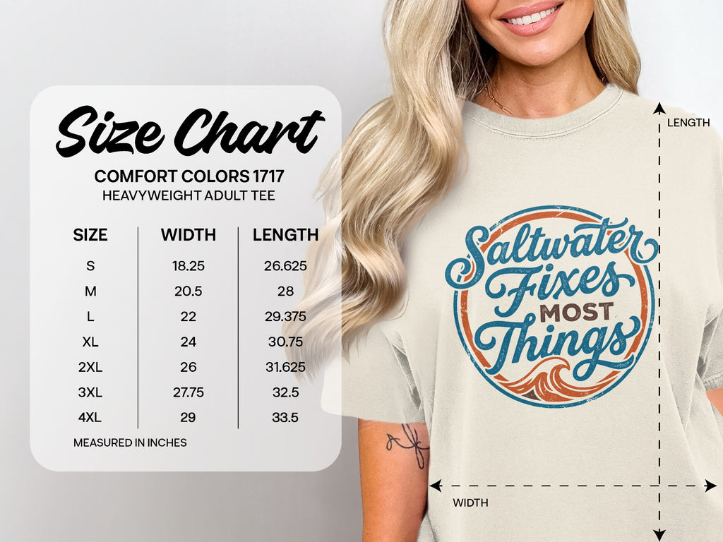 Comfort Colors 1717 heavyweight t-shirt size chart with measurements in inches.