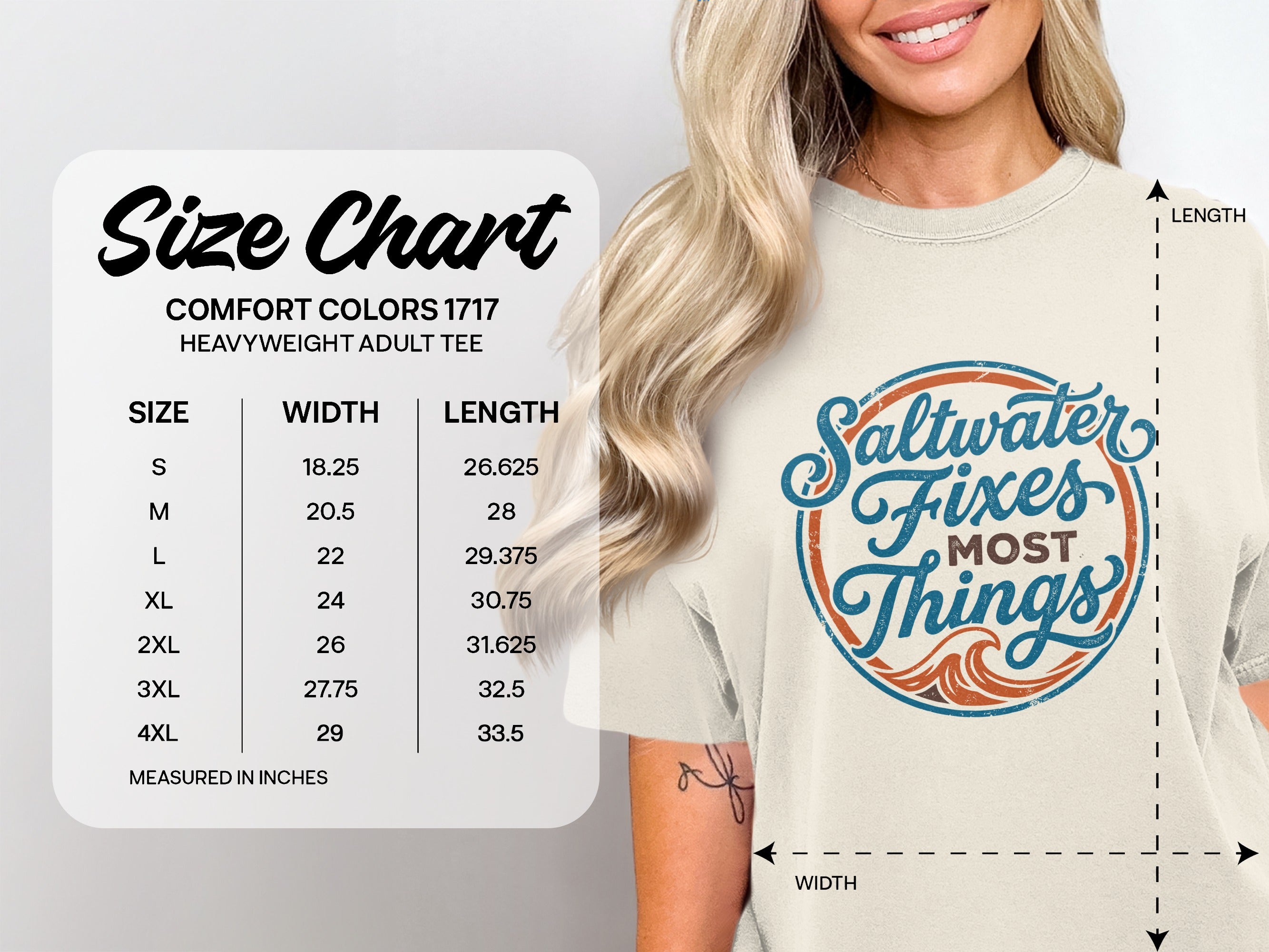Comfort Colors 1717 heavyweight t-shirt size chart with measurements in inches.