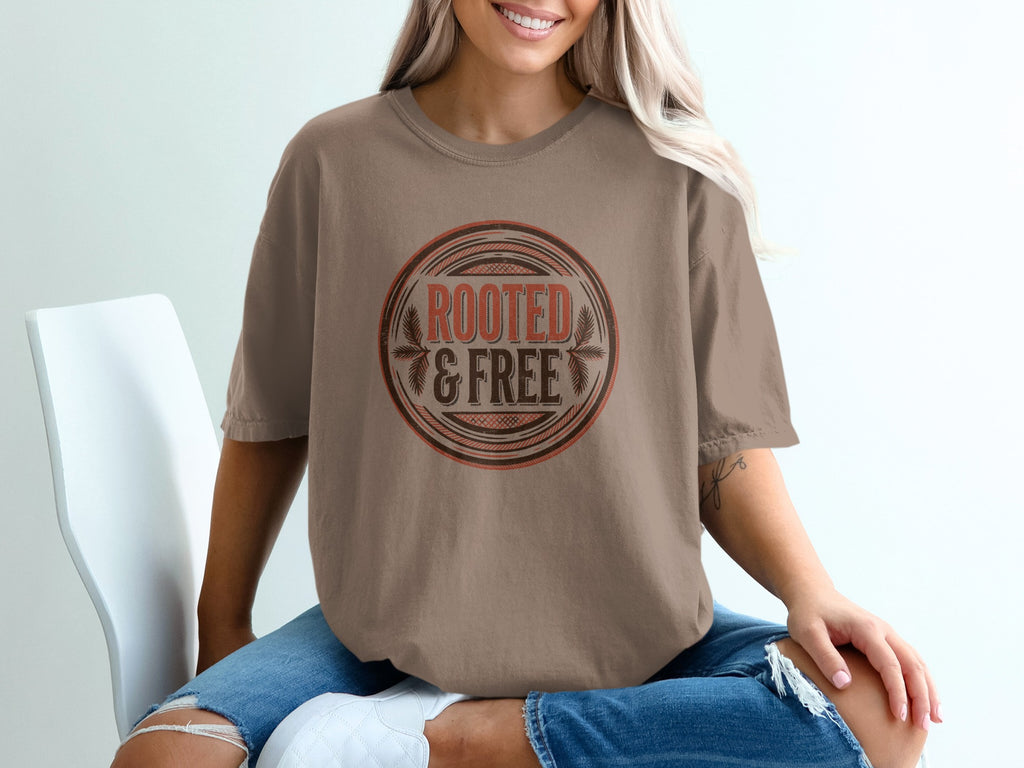 Brown t-shirt with "Rooted & Free" graphic in a circular emblem.