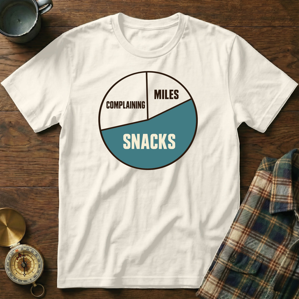 White t-shirt with a pie chart graphic showing "Complaining", "Miles", and "Snacks".