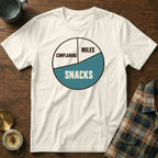 White t-shirt with a pie chart graphic showing "Complaining", "Miles", and "Snacks".