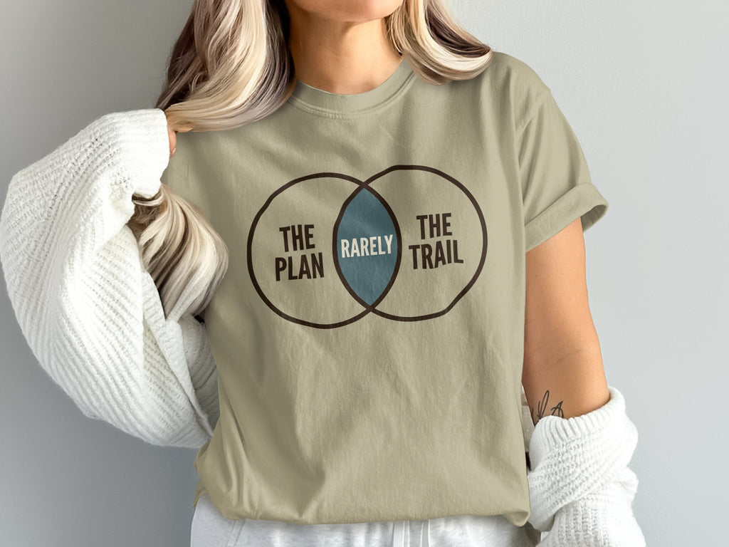 T-shirt with Venn diagram showing "The Plan" and "The Trail" intersecting at "Rarely".