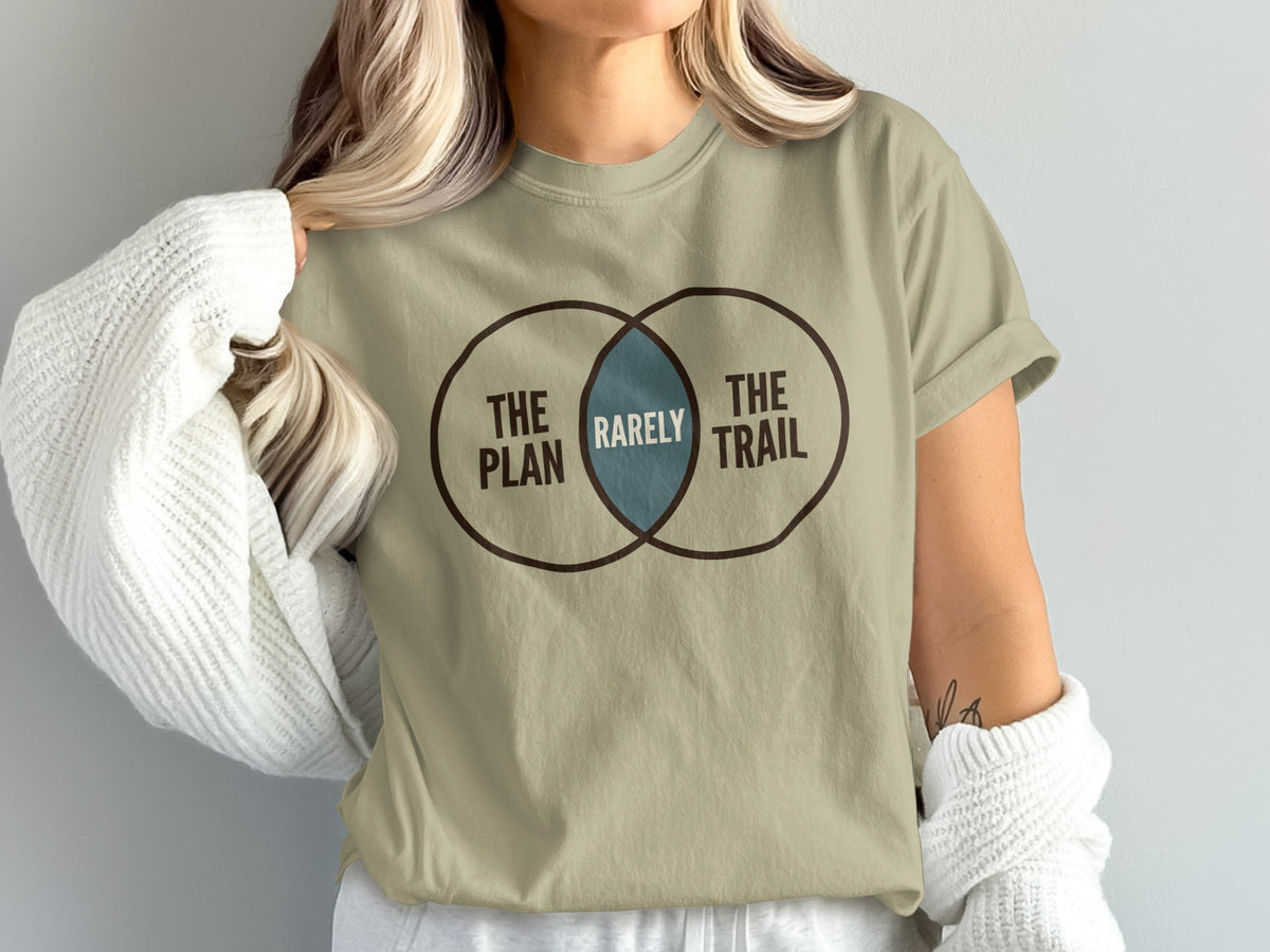 T-shirt with Venn diagram showing "The Plan" and "The Trail" intersecting at "Rarely".