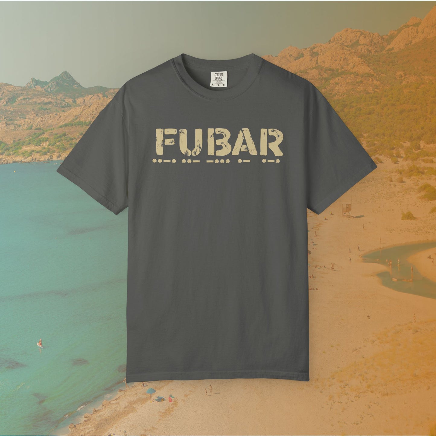 grey Graphic T-shirt featuring the large, distressed stencil text "FUBAR" with the Morse code translation of the word printed directly beneath it.