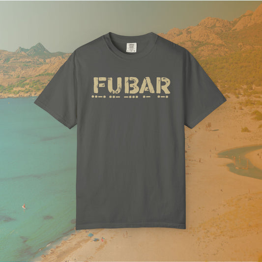 grey Graphic T-shirt featuring the large, distressed stencil text "FUBAR" with the Morse code translation of the word printed directly beneath it.