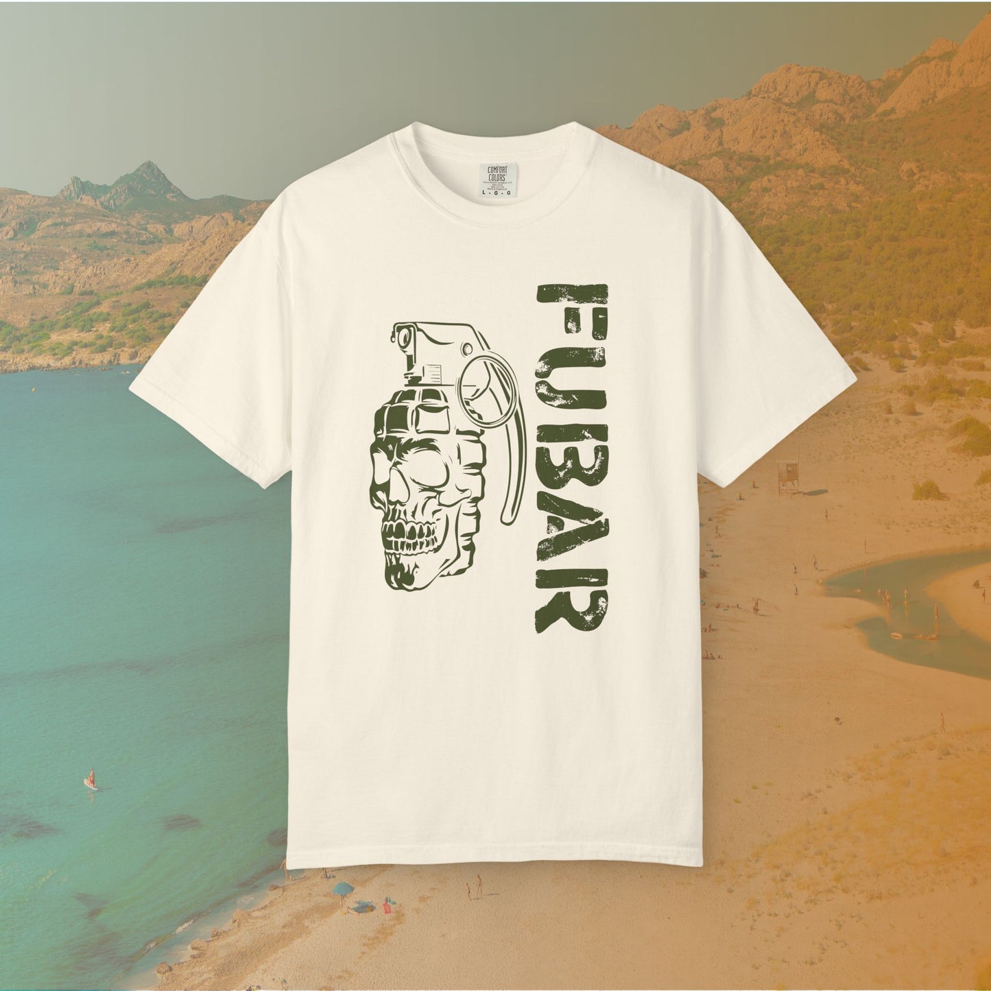 white Graphic T-shirt featuring a stylized image of a skull merged with a hand grenade, positioned next to the large, distressed stencil text "FUBAR."
