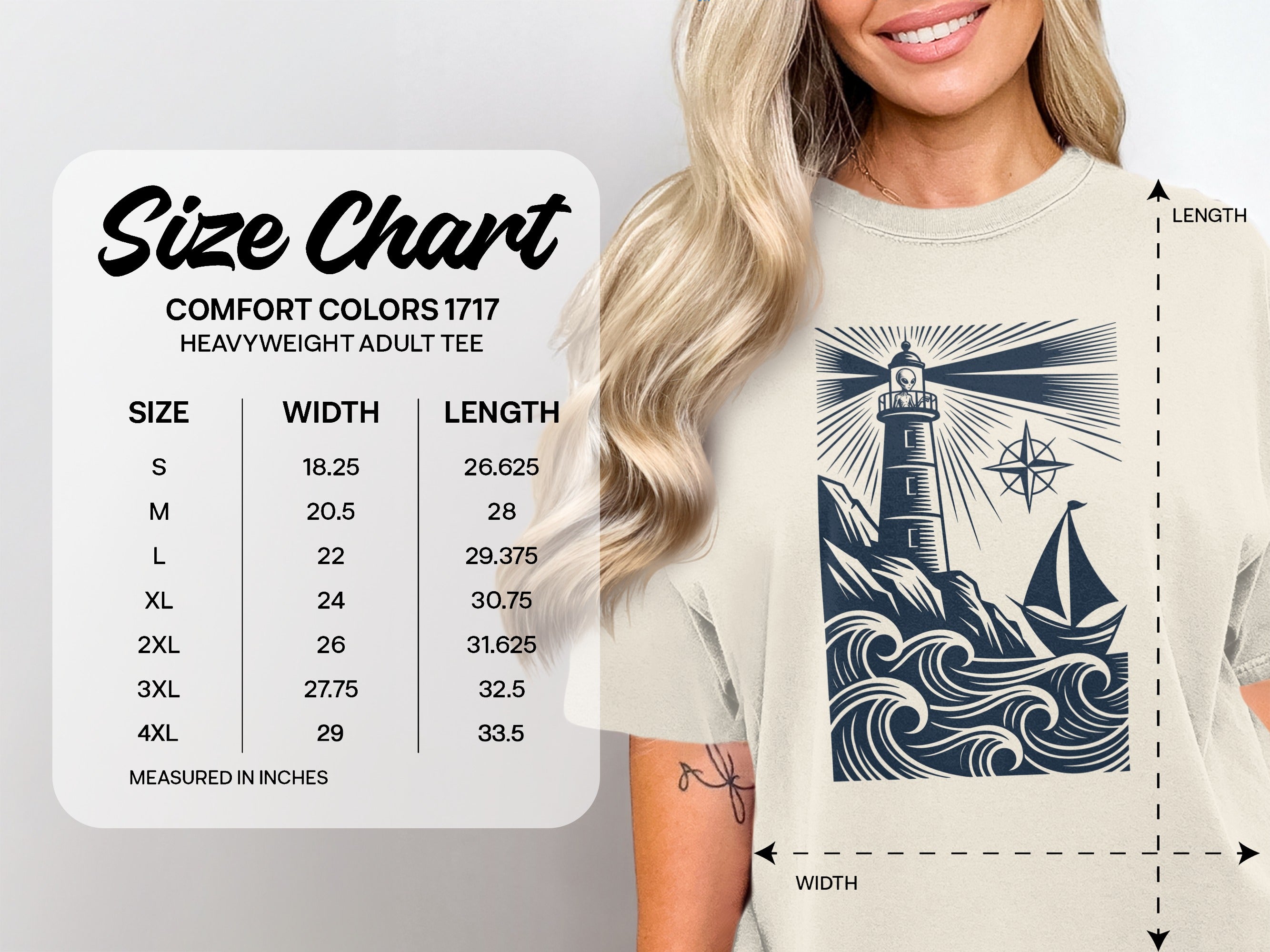 Size chart for Comfort Colors 1717 heavyweight adult tee with measurements.