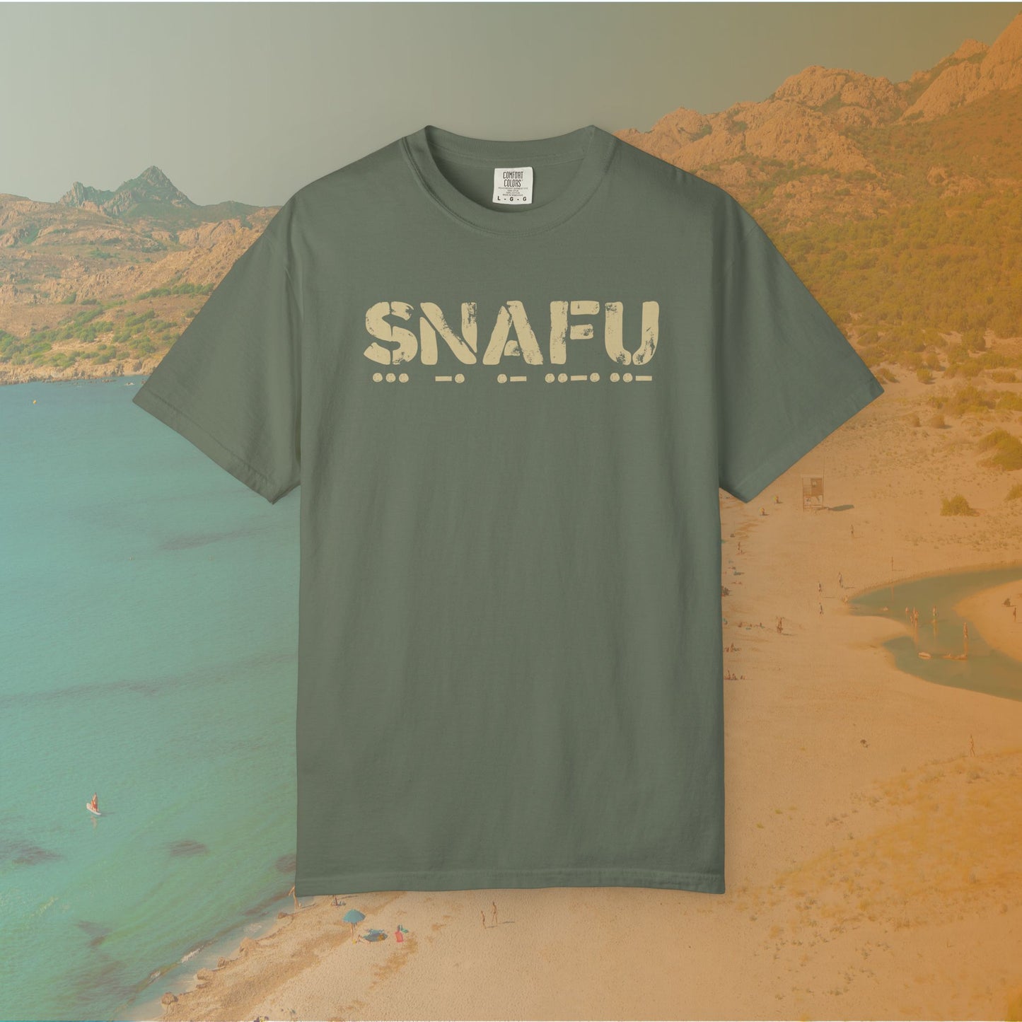 green Graphic T-shirt featuring the large, distressed stencil text "SNAFU" with the Morse code translation of the word printed directly beneath it.