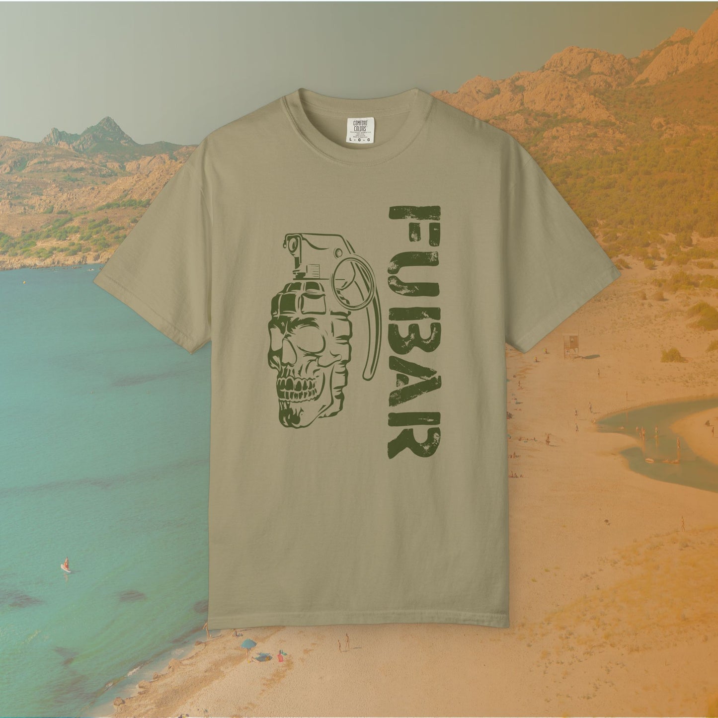 khaki Graphic T-shirt featuring a stylized image of a skull merged with a hand grenade, positioned next to the large, distressed stencil text "FUBAR."