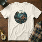 White t-shirt with circular ocean graphic featuring starfish, coral, and waves.