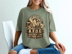 Raccoon holding boot surrounded by camping gear with text "A.F.O.G. ANOTHER FINE OUTDOOR GAFFE".