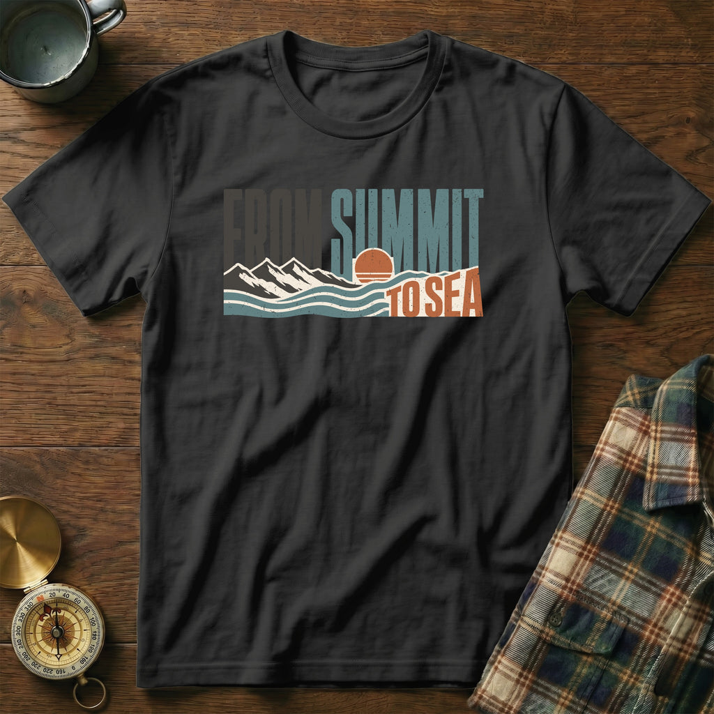 Black t-shirt with "FROM SUMMIT TO SEA" graphic and mountain and wave design.