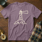Purple t-shirt with a cream outline graphic of a lighthouse on waves.