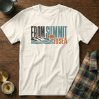 Cream t-shirt with "FROM SUMMIT TO SEA" text, mountains, and ocean graphic.