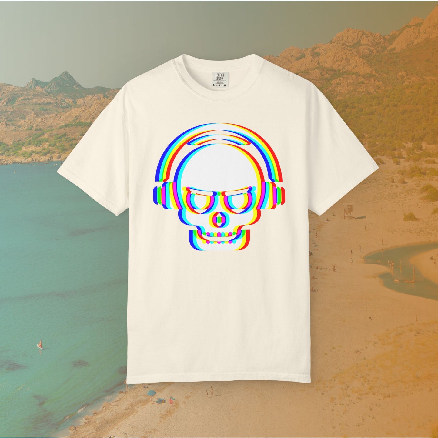 ivory t-shirt with White EDM DJ skull graphic wearing headphones, rendered with an intense red, blue, and yellow (RGB) chromatic aberration or glitch effect 