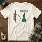 White t-shirt with a graph showing motivation dropping then spiking with "SNACK BREAK".