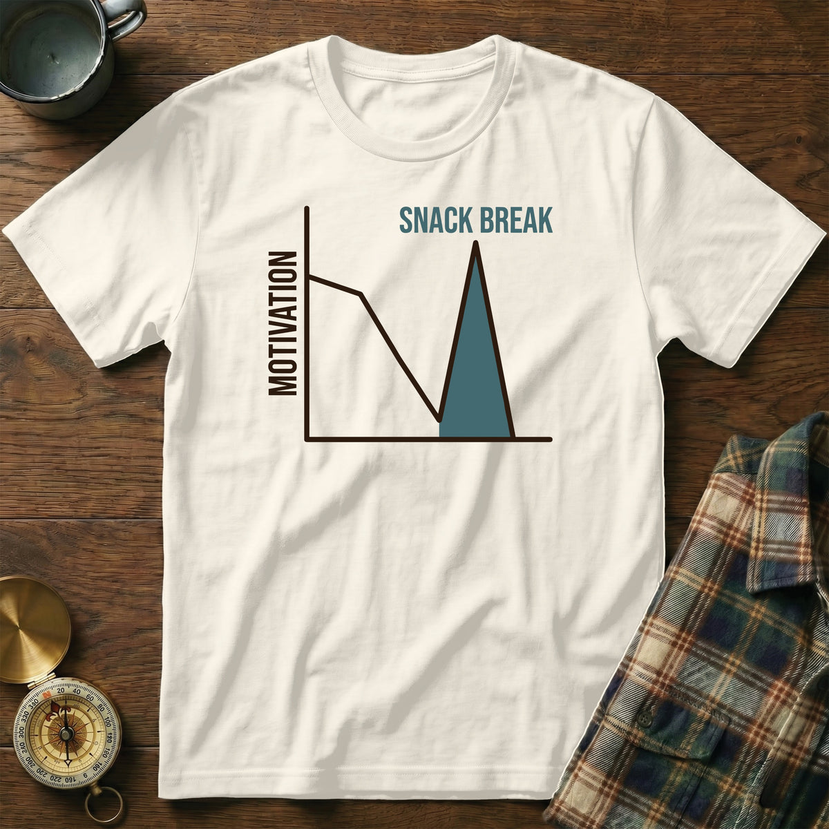 White t-shirt with a graph showing motivation dropping then spiking with "SNACK BREAK".
