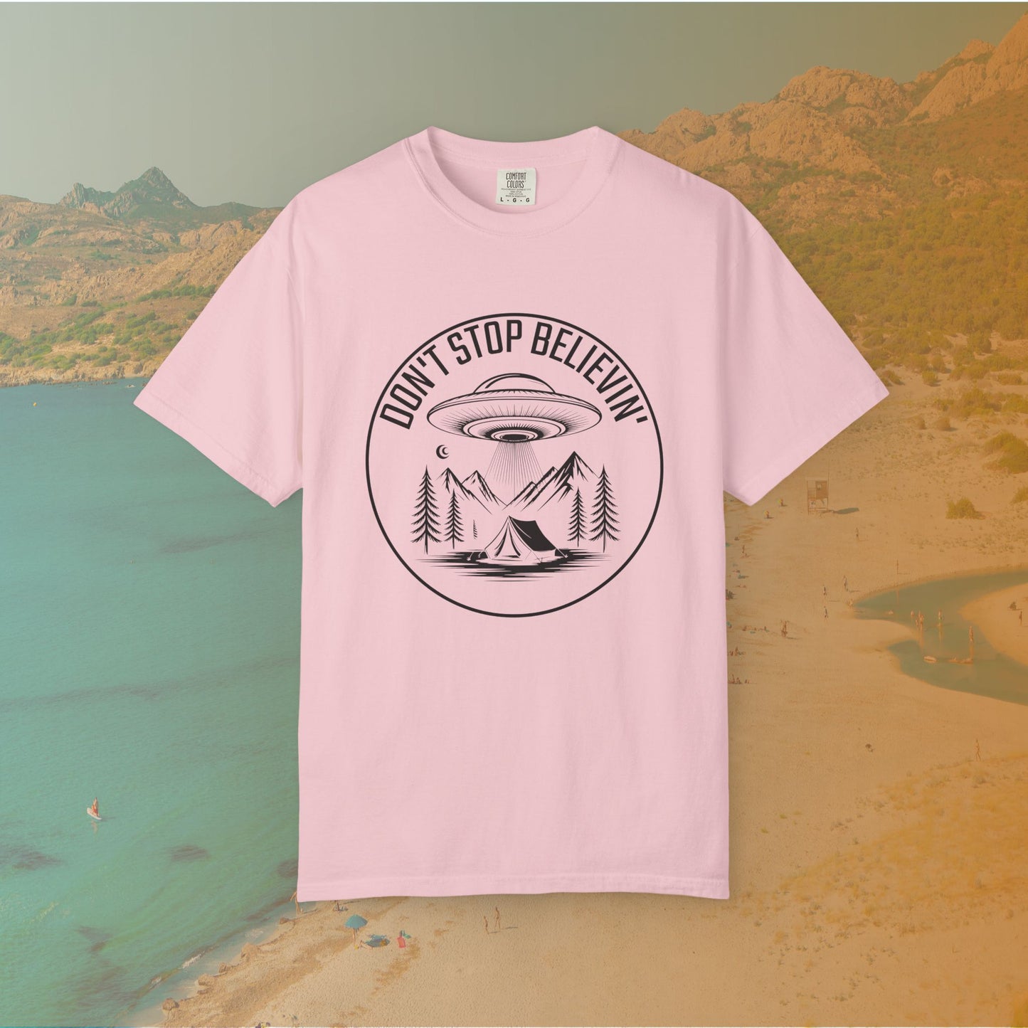 DON'T STOP BELIEVIN' UFO Camping T-Shirt | Classic Rock Slogan Alien Graphic Tee | Outdoors Music Lover Gift