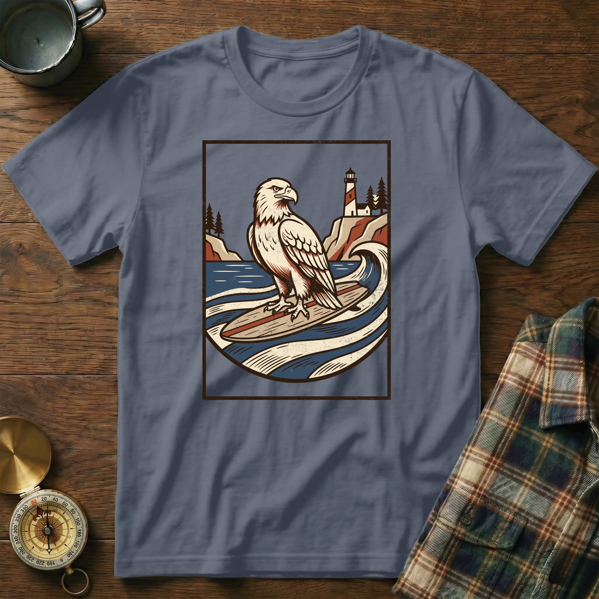 Eagle surfing on a surfboard with a lighthouse and trees in the background.