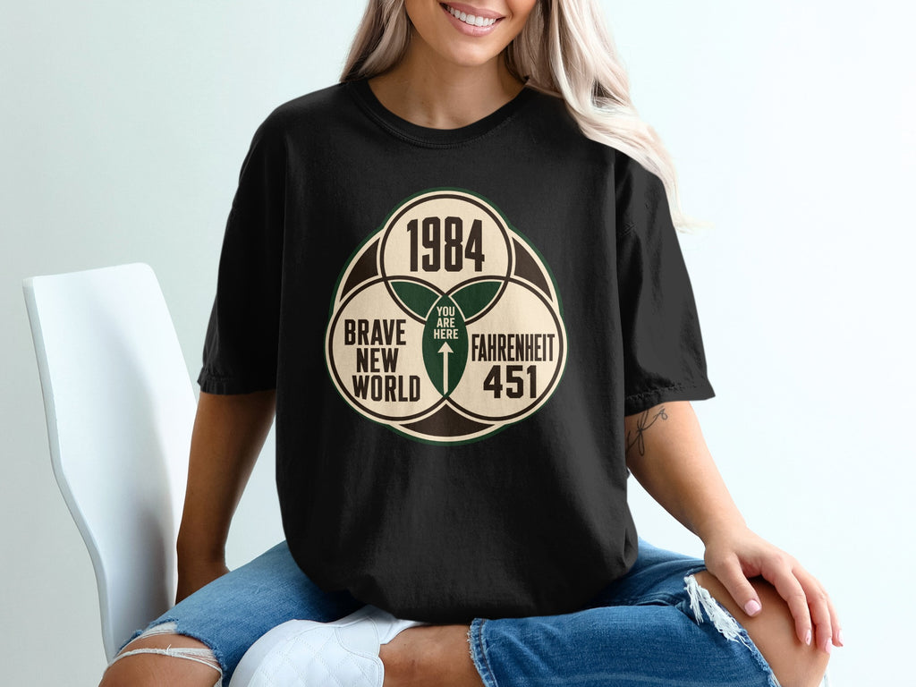 Black t-shirt with a Venn diagram graphic featuring "1984", "Brave New World", and "Fahrenheit 451".