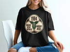 Black t-shirt with a Venn diagram graphic featuring "1984", "Brave New World", and "Fahrenheit 451".