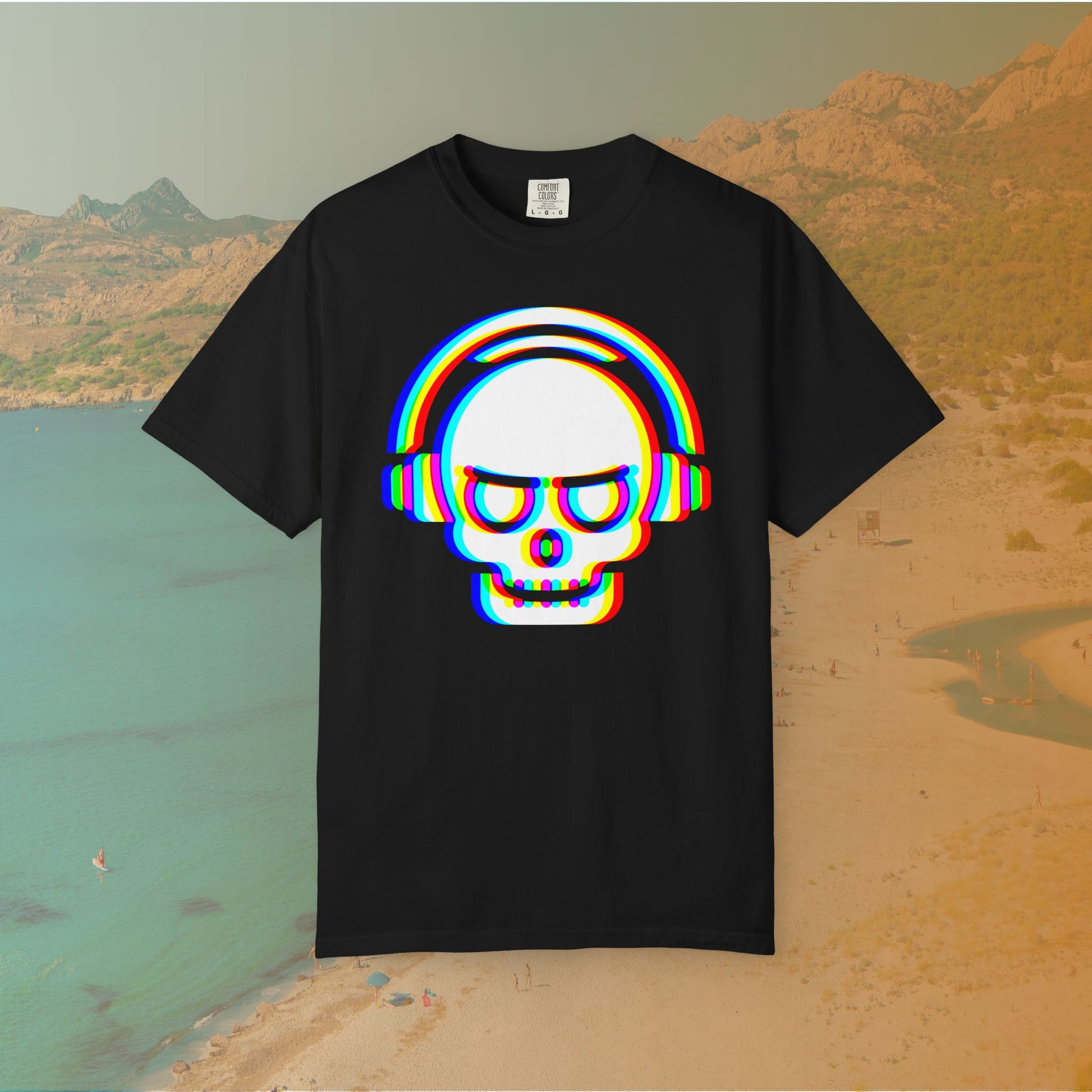 Black t-shirt with White EDM DJ skull graphic wearing headphones, rendered with an intense red, blue, and yellow (RGB) chromatic aberration or glitch effect 