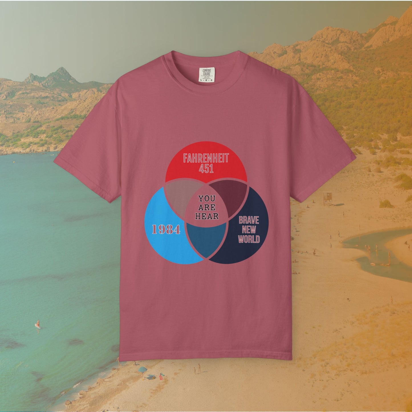 Dystopian Novels Venn Diagram T-Shirt | 1984, Fahrenheit 451, Brave New World Literary Tee