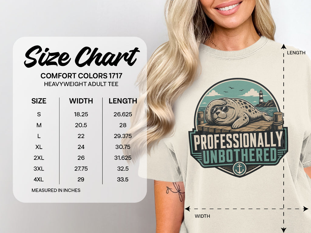 Size chart for Comfort Colors 1717 heavyweight adult tee with seal graphic.