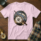 Pink t-shirt with compass and fish graphic, fishing rod.