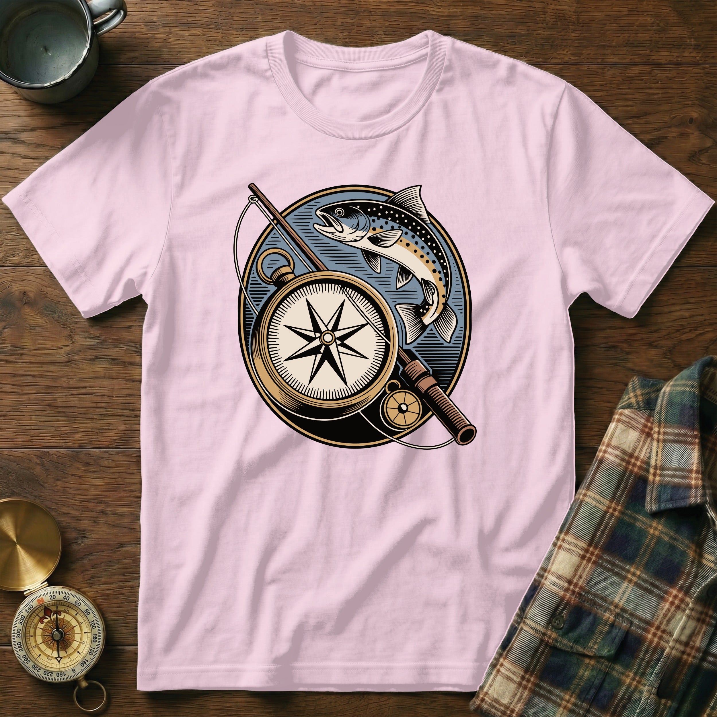 Pink t-shirt with compass and fish graphic, fishing rod.