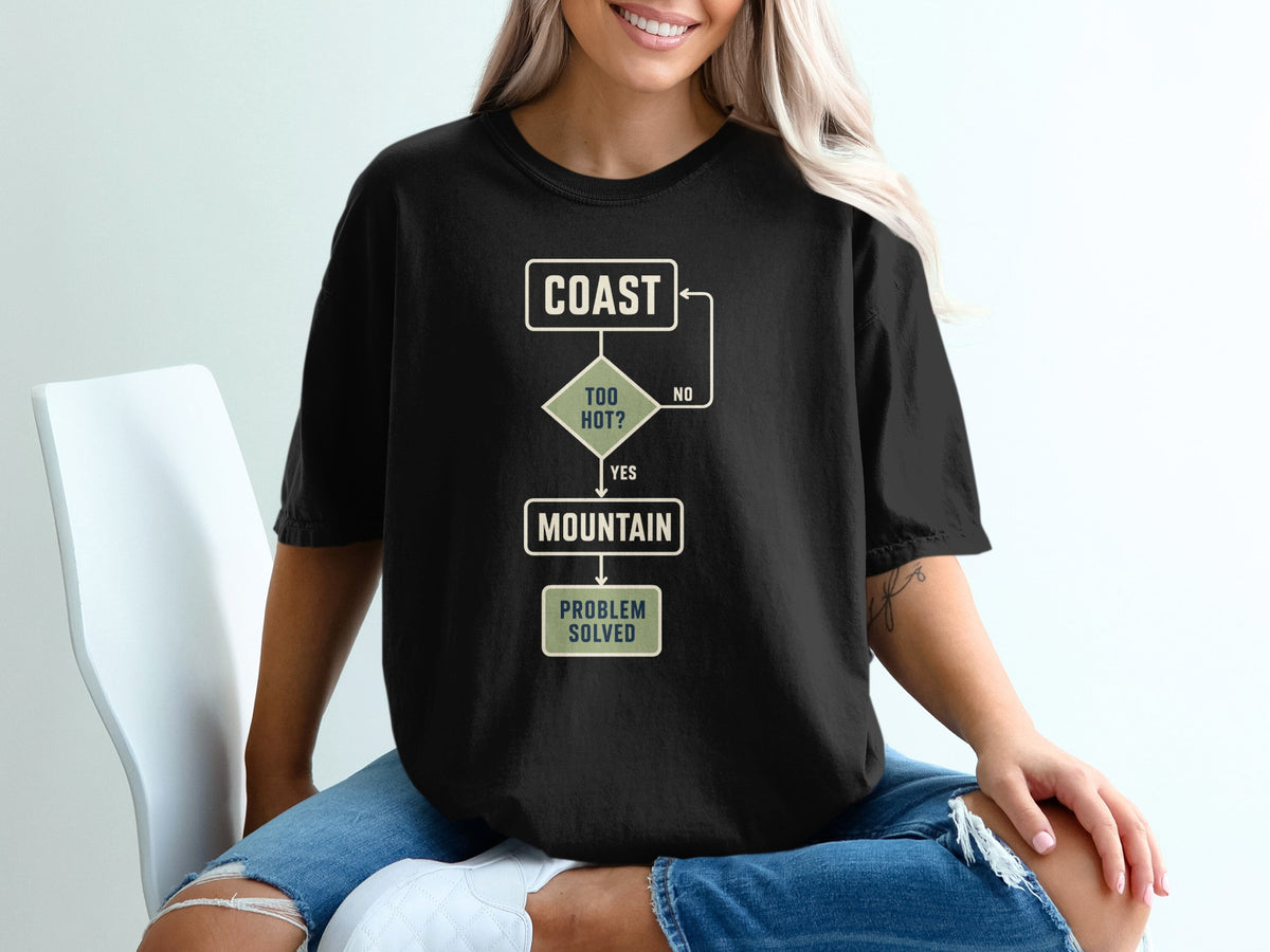Black t-shirt with a flowchart: Coast, Too hot? Yes, Mountain, Problem Solved.