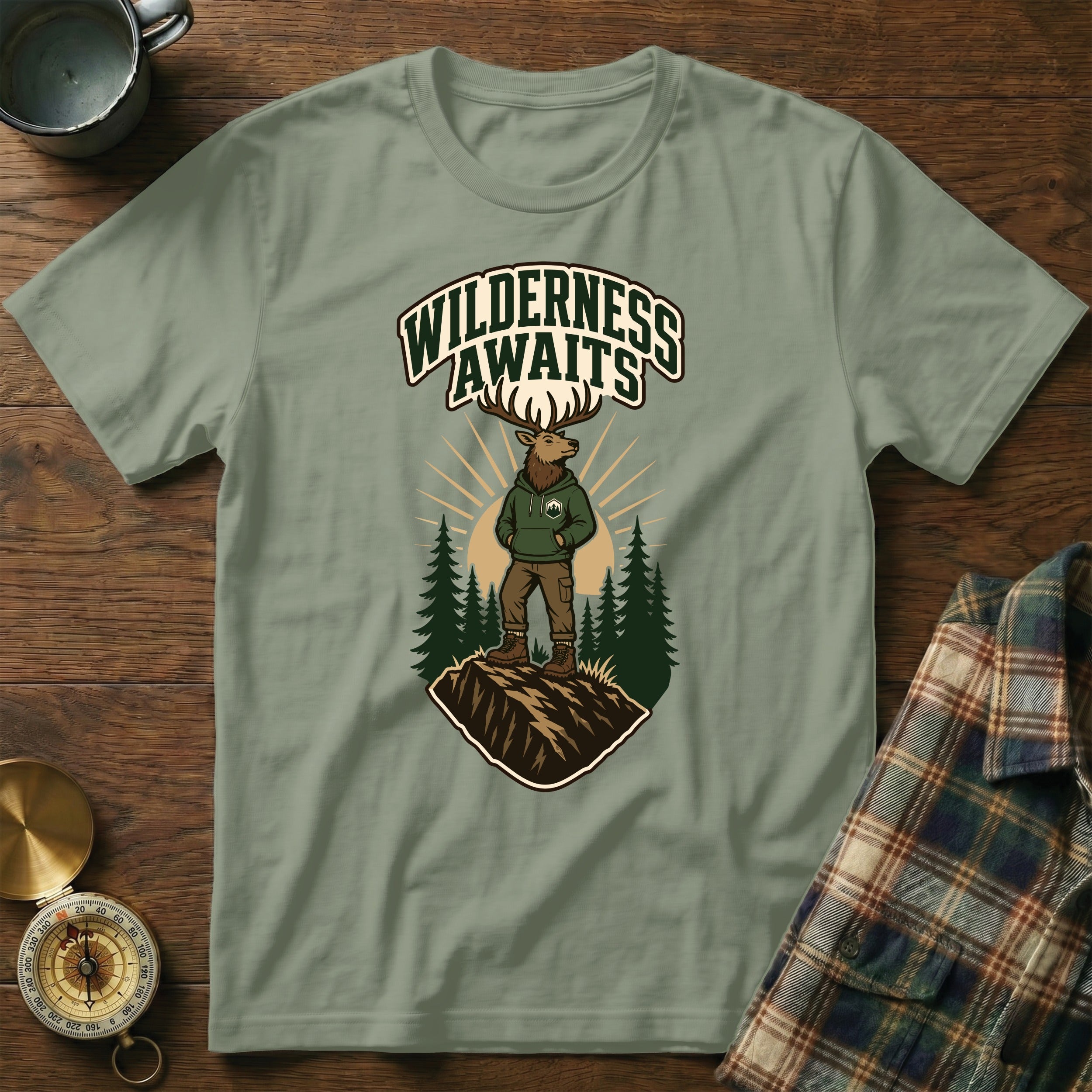 T-shirt with a deer wearing a hoodie and the text "Wilderness Awaits."