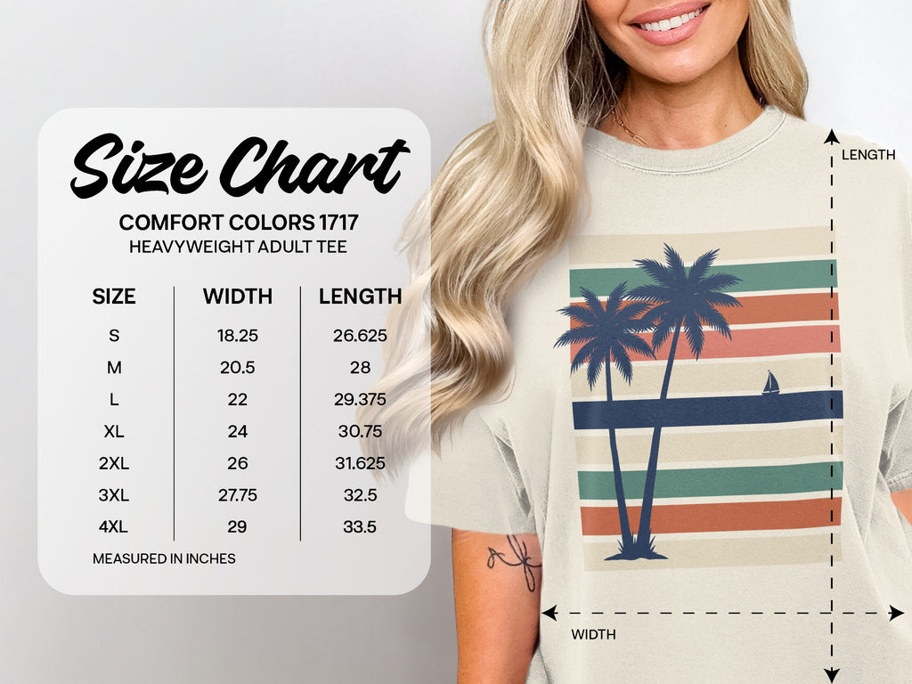 Size chart for Comfort Colors heavyweight adult tee, with width and length measurements.