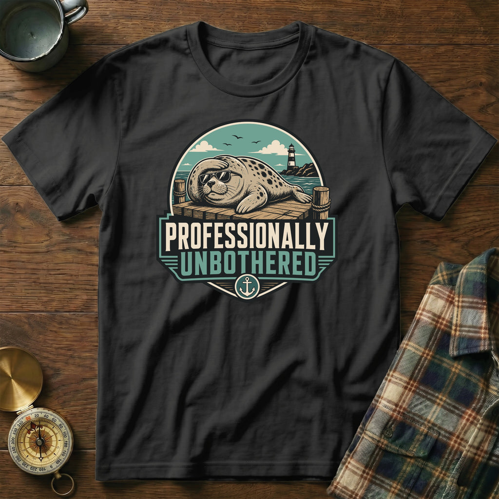 Seal lounging on a dock wearing sunglasses, text says "Professionally Unbothered".