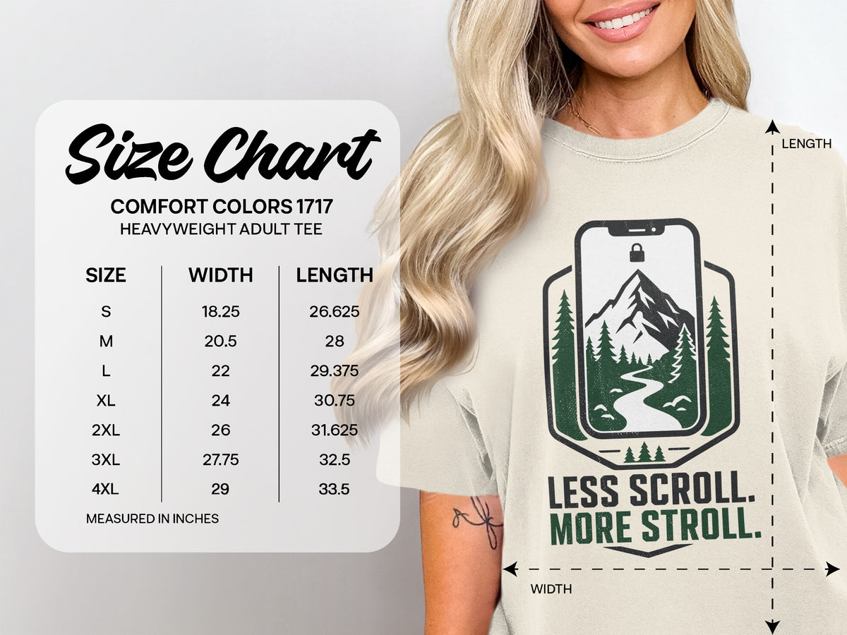 Size chart for Comfort Colors 1717 heavyweight adult tee with width and length measurements.